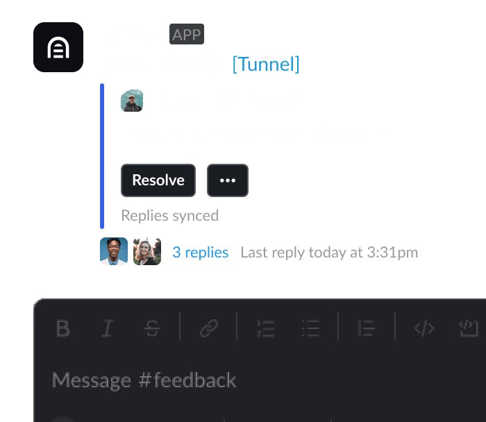 A screenshot of Slack broadcast created by Tunnel