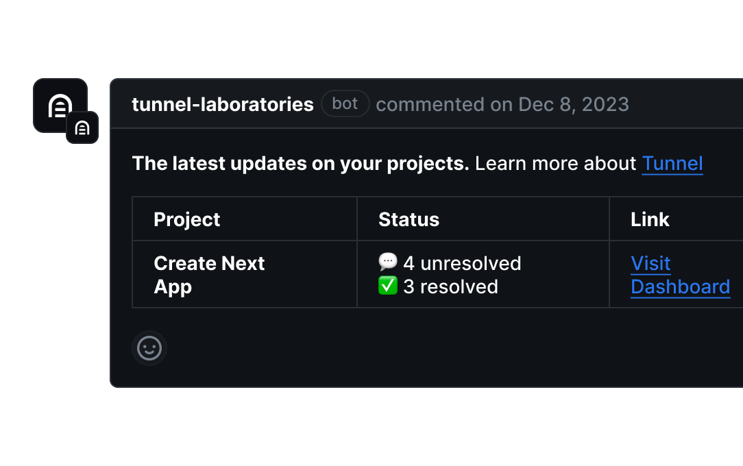 A screenshot of pull request comment created by Tunnel
