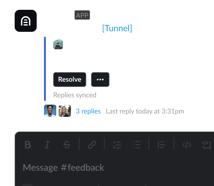 A screenshot of Slack broadcast created by Tunnel